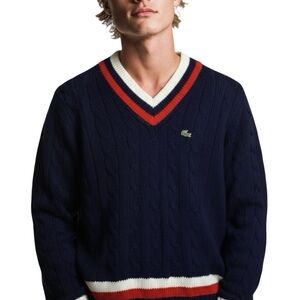 Vintage IZOD LACOSTE Cable Knit V-neck Sweater Blue with Red & White Size XL
